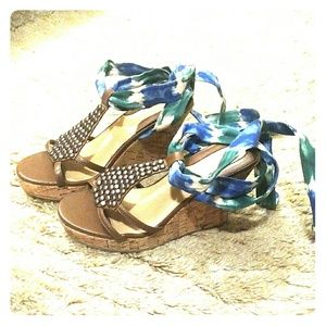 Colin Stuart Cork Wedge Sandal tie dye ankle wrap